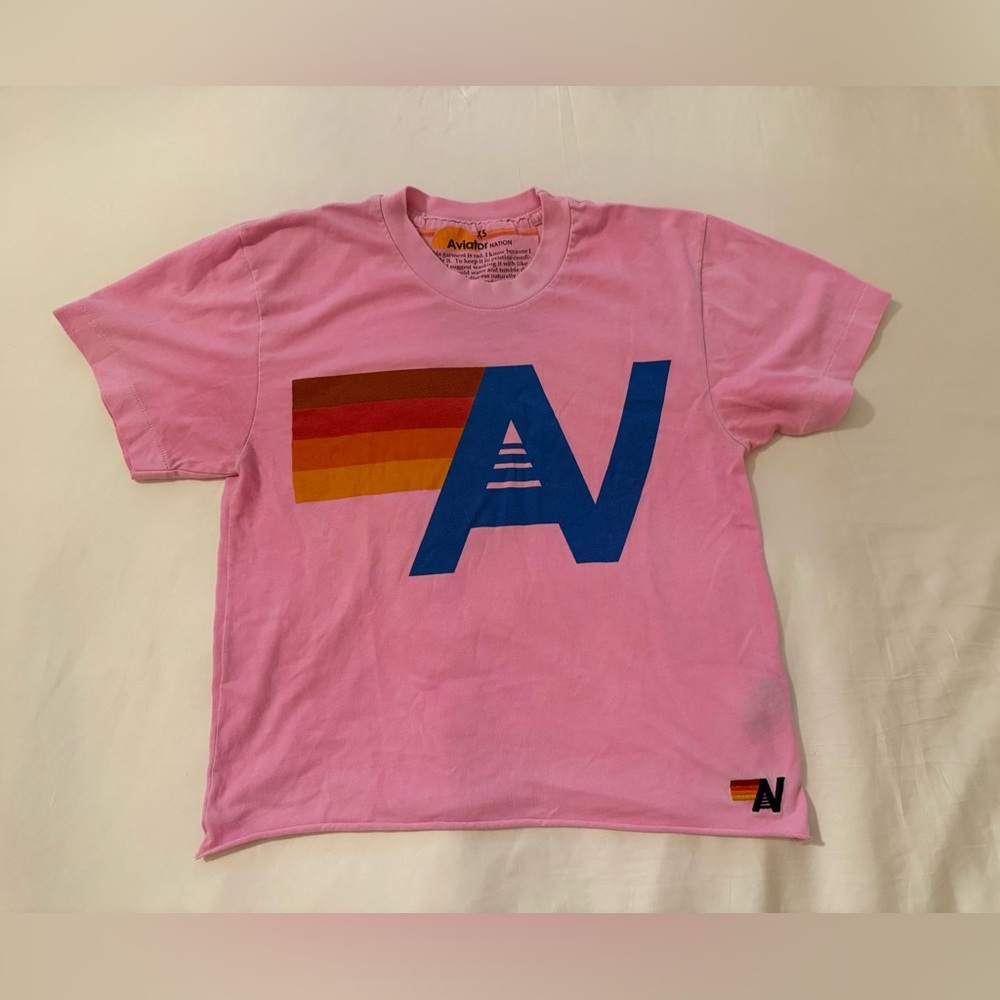 Aviator Nation Pink Tee with Blue Logo and Retro Stripes
